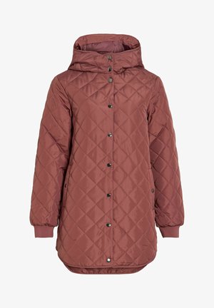 Lange gewatteerde jas met capuchon in bordeauxrood, met diamantpatronen, drukknoopsluiting aan de voorkant en elastische manchetten met een afgeronde zoom.