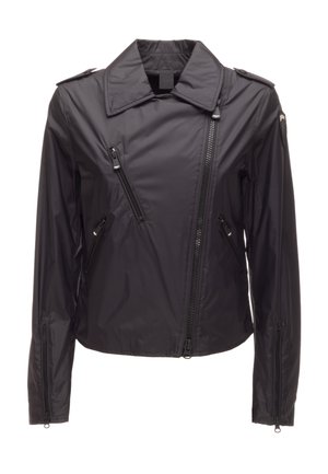 Schwarze asymmetrische Reißverschlussjacke mit drei vorderen Reißverschlusstaschen, Reißverschlussärmeln, Schulterklappen und umgeschlagenem Kragen.