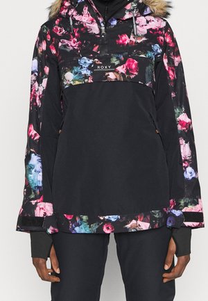 Schwarzer Anorak mit Blumenmuster, der eine mit Pelzbesatz versehene Kapuze, einen Reißverschluss vorne und lange Ärmel mit bequemer Passform aufweist. Akzente sind Daumenlöcher.