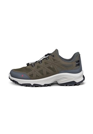 Brauner und grauer Wanderschuh mit Mesh-Einsätzen, verstellbaren Bungee-Schnürsenkeln, gepolsterter Sohle und profiliertem Gummi-Außensohle für guten Halt im Freien.