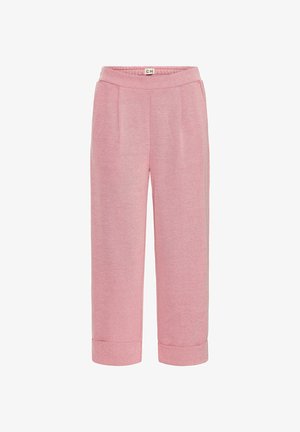 Pink, woven fabric trousers with a relaxed fit, featuring front pleats and rolled cuffs. Elastic waistband for added comfort.
