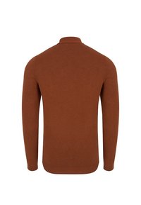 Sweter w kolorze rdzy, jednolity wzór, długie rękawy, ściągacze i dół w prążki, miękka tekstura, klasyczny kołnierzyk, bez widocznych wzorów czy akcentów.