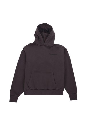 Tumehallist puuvilla segust valmistatud kapuutsiga sweatshirt, millel on kenguru tasku ja soonikkoes varrukad. Ees on tagasihoidlik brändi logo.