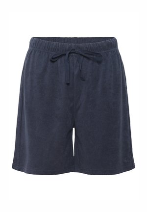 Marineblauwe katoenen shorts met een elastische tailleband en een verstelbaar trekkoord, voorzien van zijnaad en een subtiele logo aan de zoom.