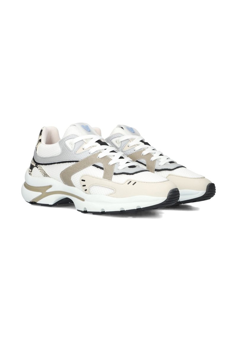 Chunky sneakers in white, gray, and beige mesh with black accents. Features rounded toe, textured panels, and lace-up closure.