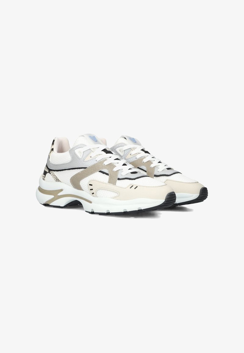 Chunky sneakers in white, gray, and beige mesh with black accents. Features rounded toe, textured panels, and lace-up closure.