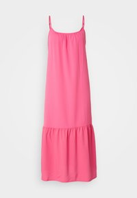 Ροζ αμάνικο φόρεμα με συγκεντρωμένο ντεκολτέ, υφή ύφανσης και φουσκωτό στρίφωμα. Διαθέτει λεπτές ρυθμιζόμενες τιράντες και σχήμα Α.