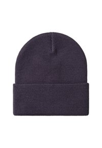 Gorro de lana gris oscuro con puño doblado, textura lisa y parte superior redondeada, aislado sobre fondo blanco.