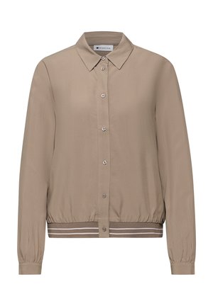 Beiges, langärmliges Hemd mit Knöpfen, Kragen und elastischem, gestreiftem Saum, ausgestattet mit sechs Knöpfen vorne und Ärmel mit Manschetten.