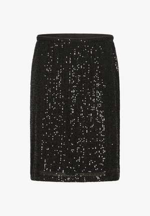 Jupe crayon noire mi-longue recouverte de rangées verticales de sequins noirs brillants avec une taille élastique.