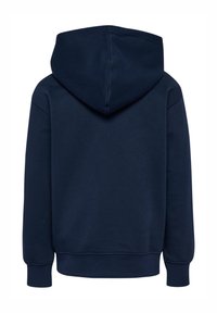 Marineblauwe hoodie met lange mouwen, elastische boorden en een capuchon, van achteren getoond op een witte achtergrond.