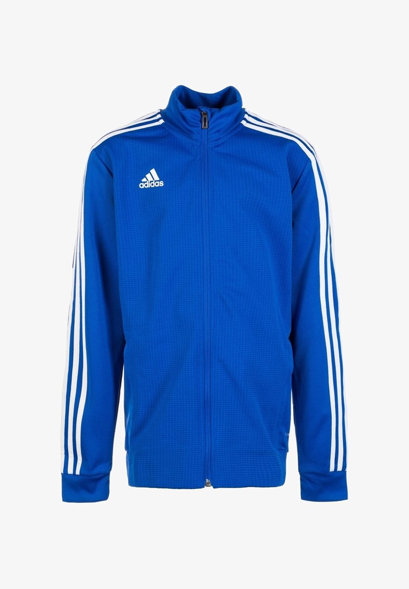 Sininen vetskari takki, joka on valmistettu kevyestä kankaasta. Takissa on valkoiset kolme viivoa hihoissa ja brodeerattu logo rinnassa.