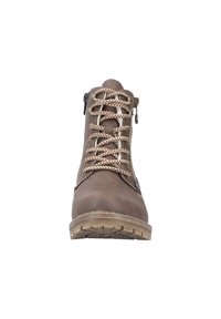 Bottines en cuir marron avec une finition texturée, des lacets contrastés et une semelle en caoutchouc robuste. Elles disposent d'une fermeture éclair latérale pour un enfilage facile.
