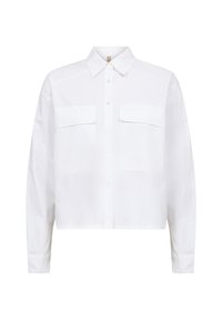 White cropped button-up shirt made of smooth cotton, featuring a pointed collar, two front pockets, and long sleeves with buttons at cuffs.