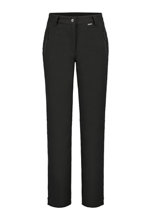 Schwarze Hose mit geradem Bein, vorderem Reißverschluss und Knopfverschluss, zwei seitlichen Reißverschlusstaschen und Gürtelschlaufen.