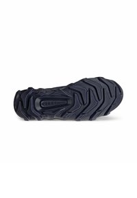 Suola di scarpa in gomma nera con un modello di battistrada profondo e design a zigzag. Presenta un marchio al centro e una superficie testurizzata per una migliore aderenza.