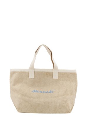 Borsa a tracolla in spugna beige con manici corti color avorio e logo "manebi" ricamato in blu al centro davanti.