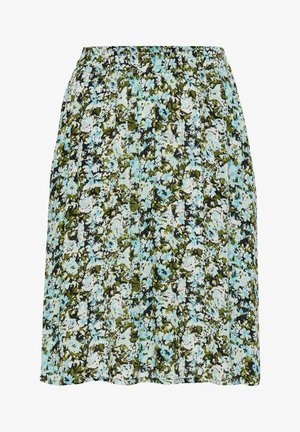 Ziedu svārki ar ziliem un zaļiem rakstiem uz gaiša fona. Elastīga jostasvieta, krokota dizaina, viegls audums.