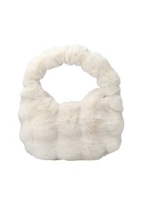Witte nepbont handtas met een ronde handgreep. De tas heeft een textuur met een puffy ontwerp en een zachte, pluche oppervlakte.
