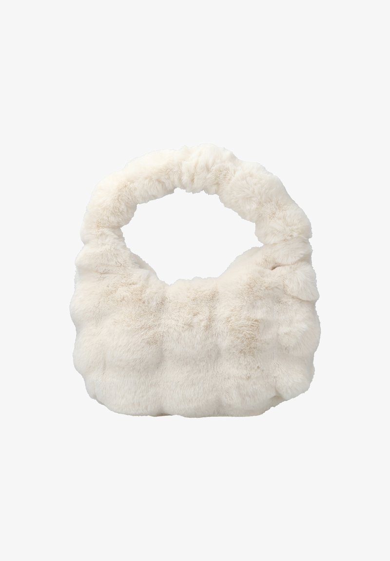 Witte nepbont handtas met een ronde handgreep. De tas heeft een textuur met een puffy ontwerp en een zachte, pluche oppervlakte.