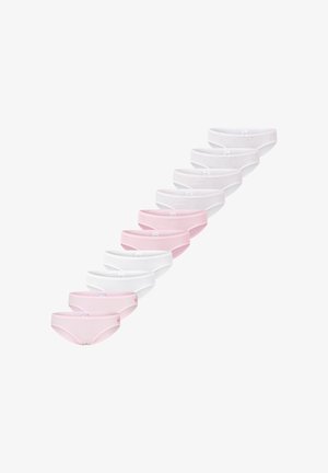 Pack mit zehn Damenunterhosen in Weiß und Hellrosa. Die Materialien wirken aus einem weichen Baumwollmix. Die Designs umfassen Uni-Farben und dezente Muster.
