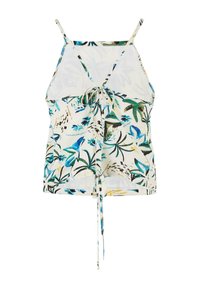 Camiseta sin mangas de estampado floral con tirantes ajustables, base blanca y hojas vibrantes en azul y verde. Con detalle de lazo en el frente. Tela suave.