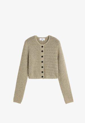 Gekürzter Cardigan aus hellbeigem Strick mit Zickzackmuster. Mit rundem Hals, langen Ärmeln und sechs schwarzen Knöpfen vorne.