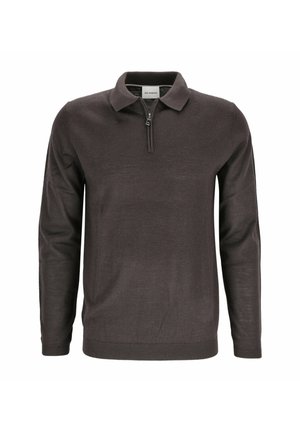 Dunkelgrauer Langarmpullover mit Kragen und kurzem Frontreißverschluss auf weißem Hintergrund.