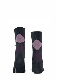 Ciemnoszare skarpety w diamentowy wzór w odcieniach lawendy i purpury. Wykonane z teksturowanego materiału dzianego z wzmocnionymi mankietami.