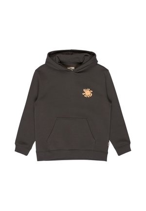 Donkergrijze hoodie met voorzak en klein beige abstract bloemachtig ontwerp op de borst.