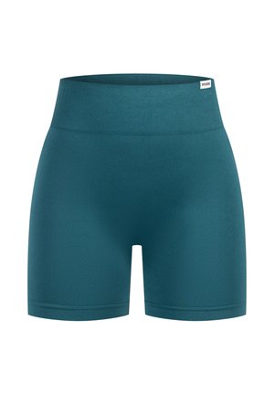Pantalones cortos deportivos en color teal con una cintura amplia y acanalada. Textura suave y diseño ajustado, ideales para ropa de deporte. Sin marcas visibles.