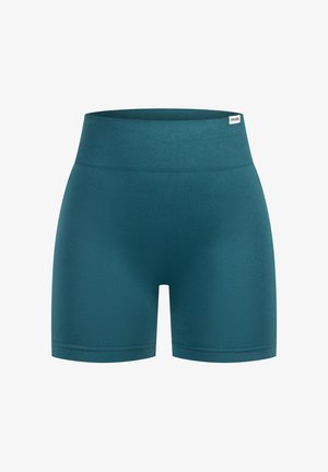 Pantalones cortos deportivos en color teal con una cintura amplia y acanalada. Textura suave y diseño ajustado, ideales para ropa de deporte. Sin marcas visibles.