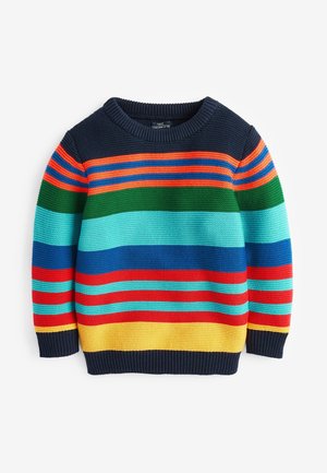 Børns strikkede sweater med vandrette striber i navy, orange, grøn, lyseblå, kongeblå, rød og gul, rund hals og lange ærmer.