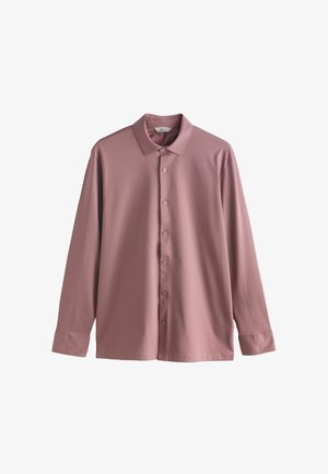 Langärmeliges, kragenloses Hemd in gedämpftem Mauve, aus glatter Stoff gefertigt, mit Knopfleiste und geknöpften Manschetten.