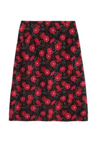 Fustă florală cu un fundal închis, cu maci roșii îndrăzneți și frunze verzi, realizată dintr-un material texturat, cu o lungime până la genunchi.