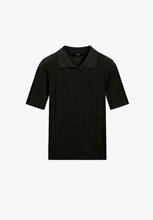 Schwarzes Polohemd mit kurzen Ärmeln, gerippter Struktur, dreifachem Knopfverschluss und klassischem Kragen, aus weichem, flexiblem Material.