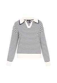 Pullover a righe navy e bianche con scollatura a V e colletto bianco a contrasto. Realizzato in tessuto morbido, presenta maniche lunghe e polsini a coste.