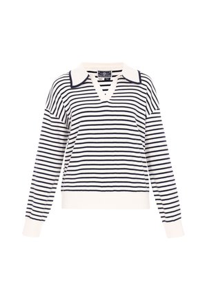 Navy and white striped sweater with a V-neck and contrasting white collar. Made of soft fabric, features long sleeves and ribbed cuffs.