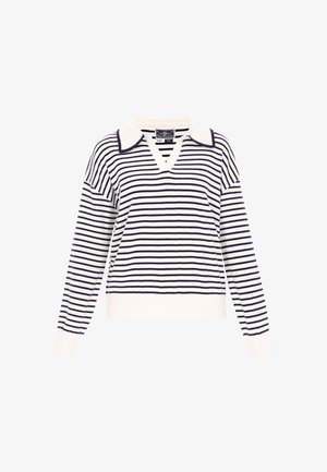 Navy and white striped sweater with a V-neck and contrasting white collar. Made of soft fabric, features long sleeves and ribbed cuffs.