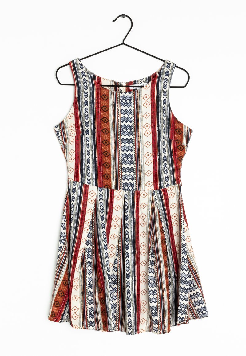 Musterfreies ärmelloses Kleid in Rot, Blau und Creme, mit vertikalen Streifen, geometrischen Mustern und einem ausgestellten Rockdesign.