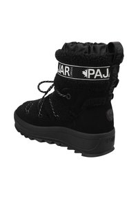 Black winter boot with a textured upper, featuring faux fur and laces. The design includes a padded collar and a chunky rubber sole with logo accents.