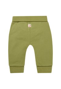Groene katoenen sweatpants met een elastische tailleband, geribde cuffs en een klein label met een plantontwerp op de achterkant.
