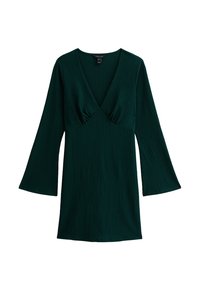 Abito senza maniche, con scollatura a V profonda in verde scuro e tessuto con texture. Presenta maniche lunghe a sbuffo e vita aderente.