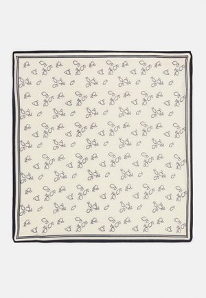 Cream firkantet tørklæde med sort omrids og spredt lille sort blomsterprint over hele.