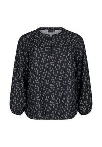 Blusa nera a maniche lunghe con apertura a bottoni, caratterizzata da un motivo geometrico bianco e una vestibilità morbida. Tessuto morbido con leggera texture.