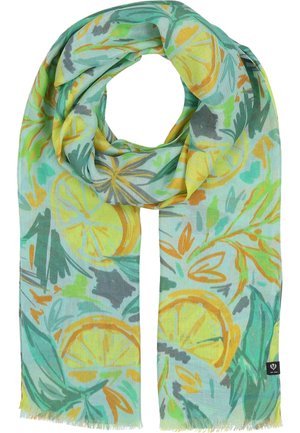 Lightweight, turquoise scarf featuring a colorful citrus pattern in yellow and green, with subtle fringing along the edges.