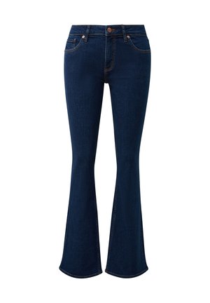 Jean en denim bleu foncé avec une taille haute et des jambes évasées, dotés de poches avant et d'accents de rivets en cuivre.