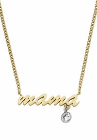 Collier en chaîne dorée avec un pendentif en cursif "mama" et un petit accent en pierre précieuse claire. Texture lisse avec finition polie.