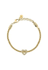 Bracciale in tonalità oro con design intrecciato, caratterizzato da un ciondolo a forma di cuore incastonato con gemme trasparenti e chiusura con moschettone.