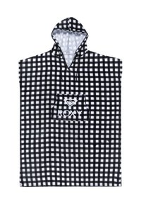 Black and white checkered poncho towel with a hood, featuring a front pocket and "ROXY" logo in white embroidery. Soft fabric texture.